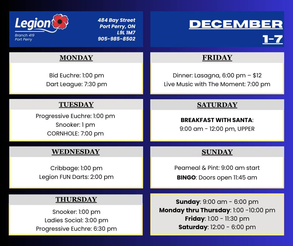 Port Perry Legion December 1 to 7